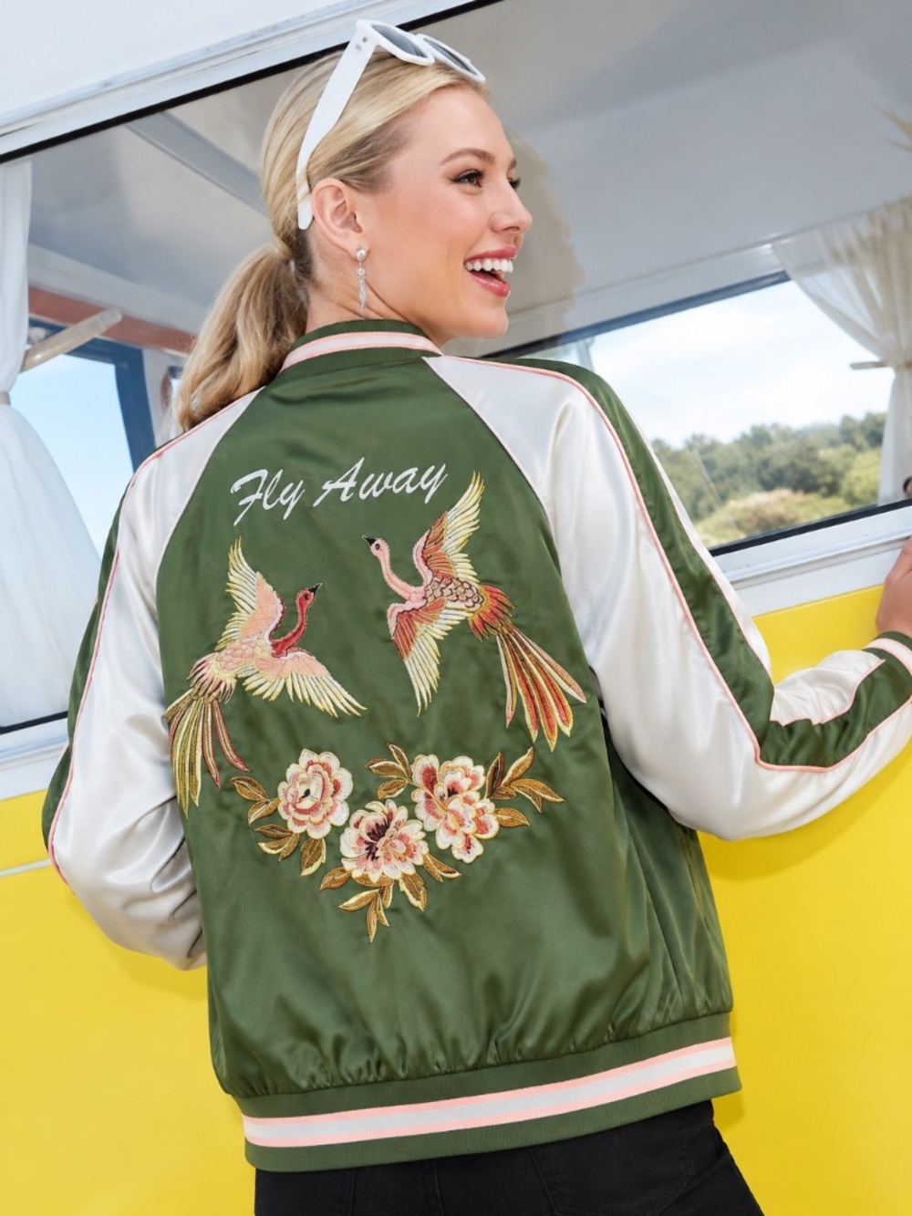 Forever 21 green and cream embroidered bomber